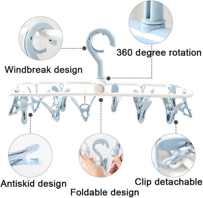 Clothes Drying Racks 2 Pack Small Folding Portable Underwear Hangers with Clips Socks 12 Clips 360° Rotatable Hook for Drying Towels Bras Baby Clothes Gloves Plast