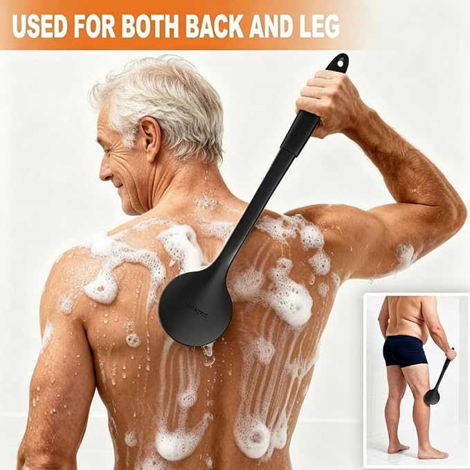 Long Handle Back Scrubber for Shower with 3 Interchangeable Heads-Black | Ergonomic Curved Handle,Non-Slip Silicone Grip,Premium Gift Box,Use in Wet and Dry,Cleaning and Exfoliation