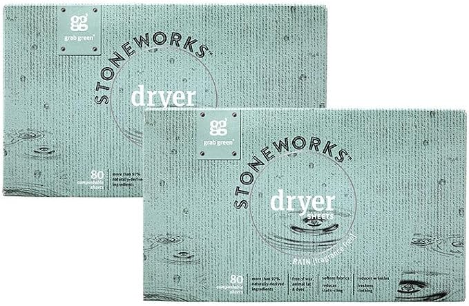 Grab Green Stoneworks Dryer Sheets, Unscented, 160 Count, Compostable | Softens fabrics; Reduces Static; Cruelty-free; Plant & Mineral Based; No Harsh Chemicals