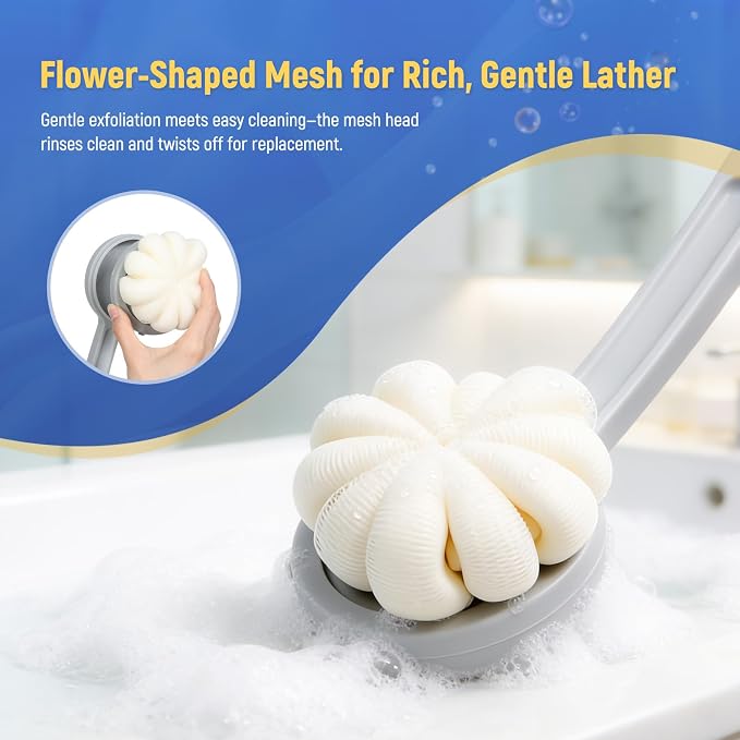 Long Handled Flower Loofah Sponge for Back, Back Scrubber Brush for Shower, Loofah Sponge on a Stick for Men,Women,Elderly