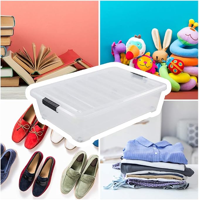 Asking 3-Pack 40 Quart Plastic Wheels Under Bed Storage Box with Lid, Clear | Latch Bin, Clear Visible Plastic Box, Secure Black Side Latch Buckles, Built-In Rolling Wheel
