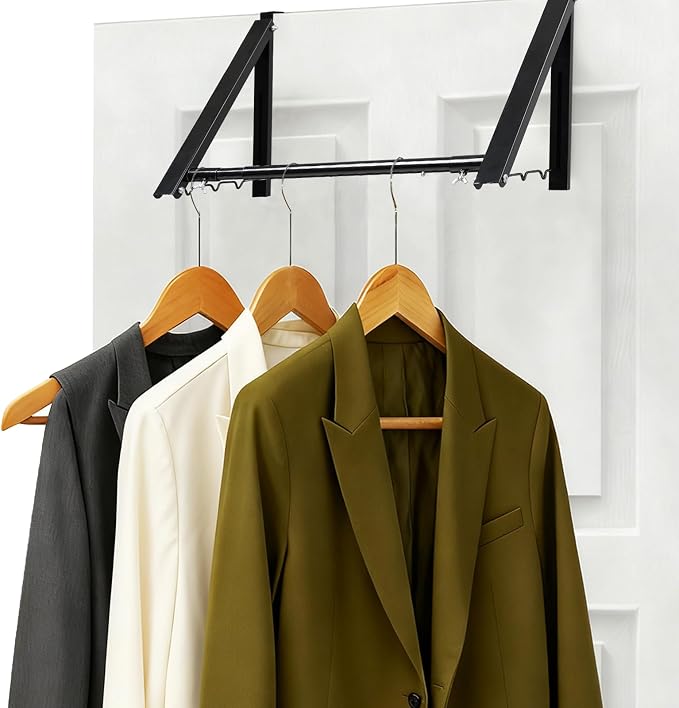 Over The Door Hanger, Foldable Over The Door Drying Rack with 20"-32" Expandable Width, Space Saving Doors Clothes Hanger for Laundry, Bathroom, Apartment, Fits Doors up to 1-1/4”, Metal, Black