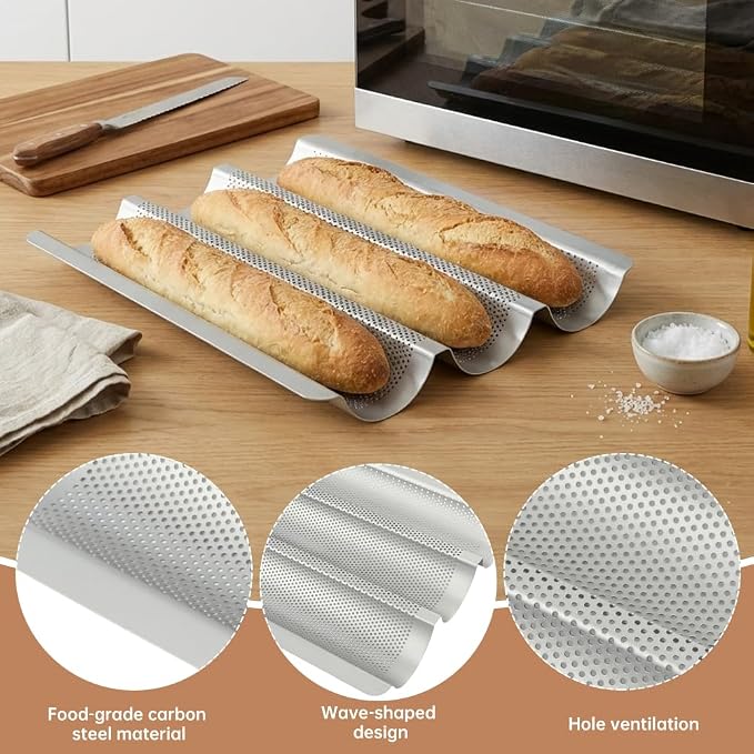Baguette Bread Pan, Nonstick Baguette Pan for French Loaf Baking with Dough Scraper, Pastry Brush, Bread Lame, Replacement Blades, Banneton Cloth for Sourdough, Artisan Bake Baking