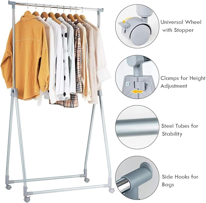 Moccha Extendable Garment Rack Clothes Rail, Heavy Duty Foldable Clothes Laundry Drying Rack with Adjustable Hanging Rod Rolling Casters, Movable Clothes Hanger for Home Office Store Market