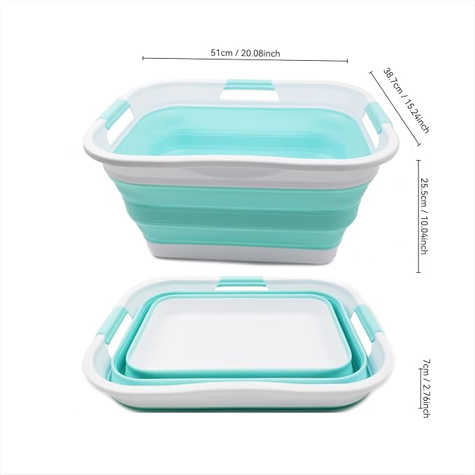 SAMMART 30L (8 gallon) Collapsible Plastic Laundry Basket - Foldable Pop Up Storage Container/Organizer - Portable Washing Tub - Water Capacity 24L(6.3 gallon) (1, White/Lake Green)