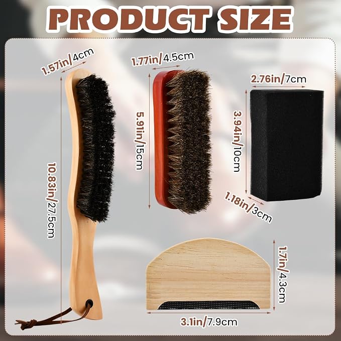 4-Piece Horsehair Felt Hat Brush Kit with Cleaning Sponge and Lint Remover, Cowboy Hat Brushes with Long Handle for Suits, Wool, Cashmere, Lint Removal & Felt Hats Cleaning