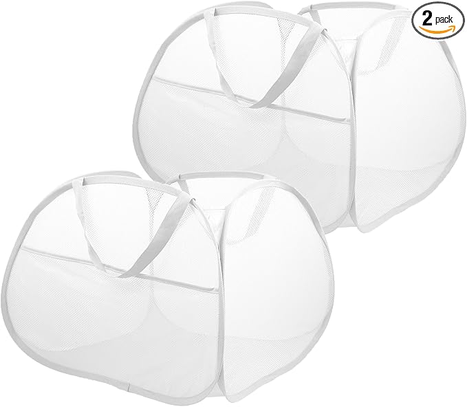 2 Pack Collapsible Laundry Baskets, 90L Large Foldable Laundry Basket, Durable Mesh Pop Up Hampers for Laundry, Dirty Clothes Laundry Hamper for Bedroom, Bathroom, Dorm, Laundry Room, Travel White