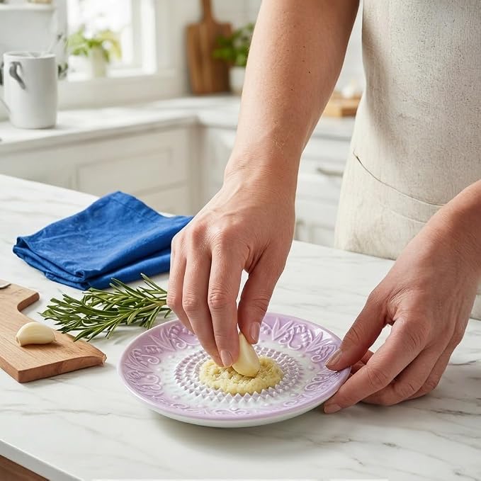 Handcrafted Ceramic Garlic Grater Plate 4-Pc Set, 5.12" Handmade Porcelain Grinding Dish with Wooden Boar Bristle Brush & Textured Silicone Peeler, Lavender Purple Embossed Lily