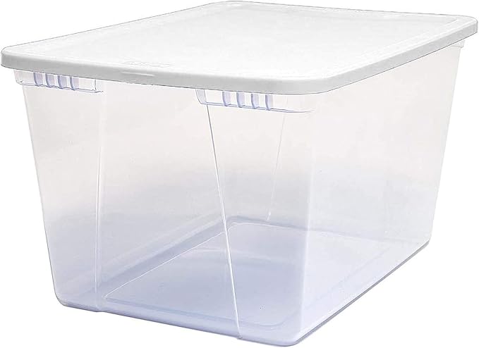 HOMZ Snaplock Clear Plastic Bin 56 Quart/14 Gallon | Storage Tote with Secure Lid | for Home, Office, Garage, Dorm Room Organizer | Stackable & Nestable | White Lid, Pack of 2