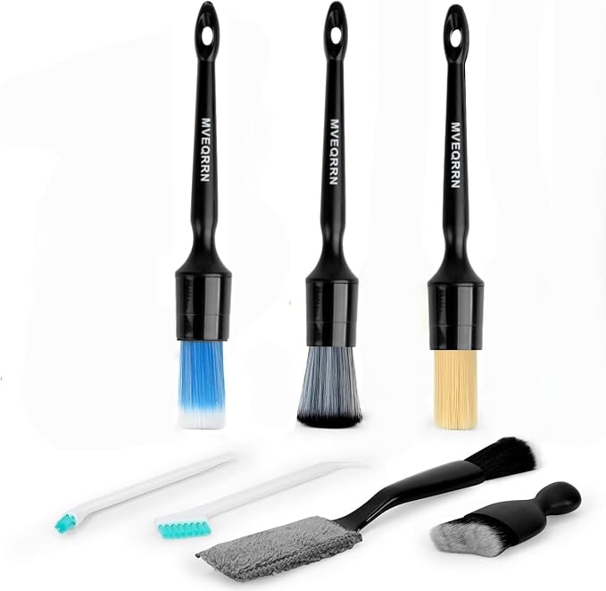 MVEQRRN 7PCS Car Detailing Brush Set,Boars Hair Detail Brush Kit(Black) | Ultra Soft No Scratch, Car Dust Brush,Car Detailing Brushes Kit, Detail Brushes Car Detailing for Interior Exterior