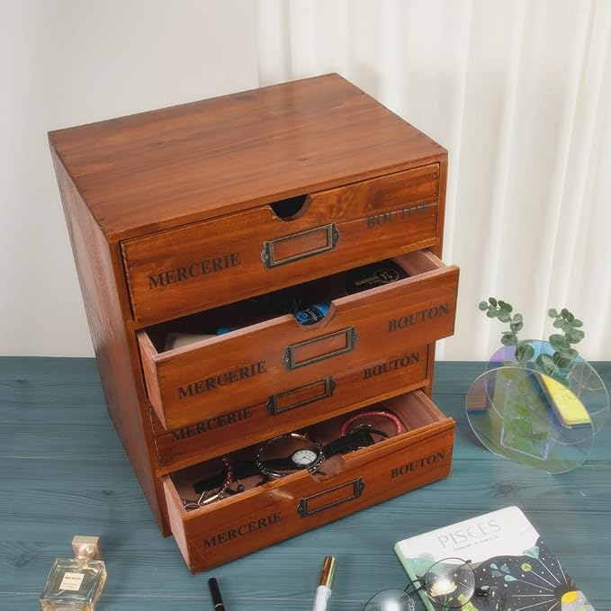 Large Wooden Drawers Wooden Box with Drawer Brown | 4 Drawer Storage Box for Apothecary Cabinet, Apothecary Drawers，Desktop Organizer with Metal Handles for Office，Home