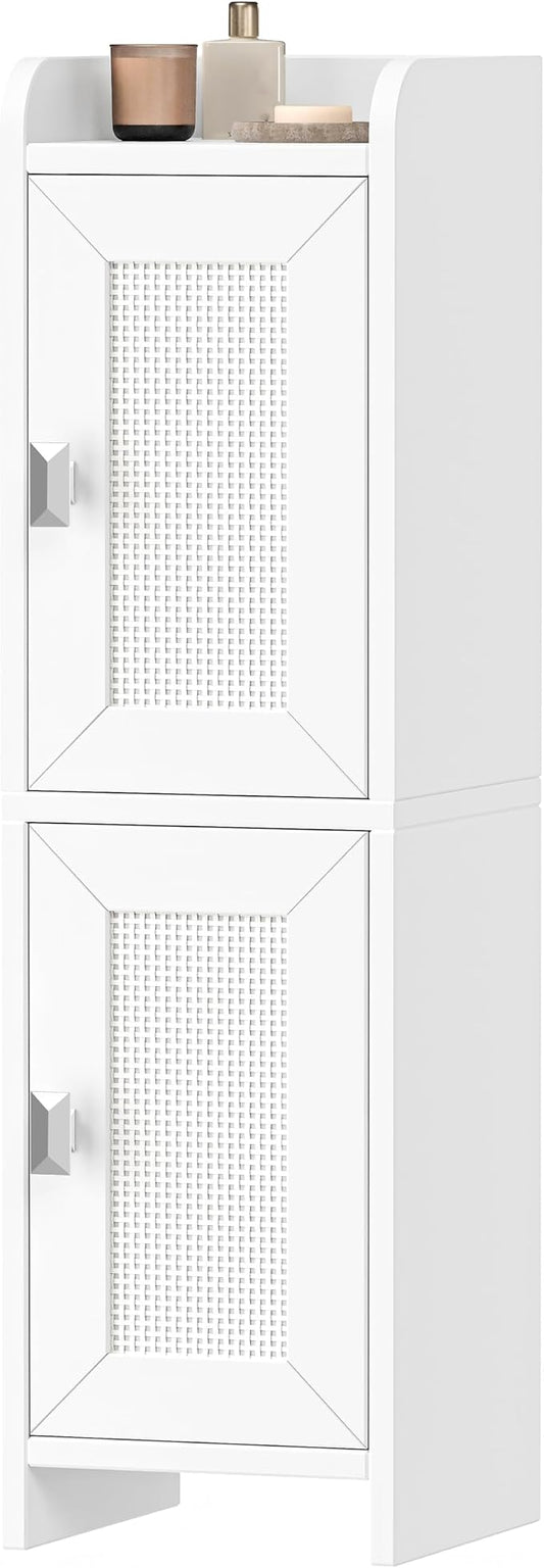 Akxomel Rattan Small Bathroom Cabinet Narrow Toilet Paper Organizer White | 7.9''D x 7.9''W Bathroom Organizer and Storage Cabinet for Small Space, Slim Corner Unit with Adjustable Shelf
