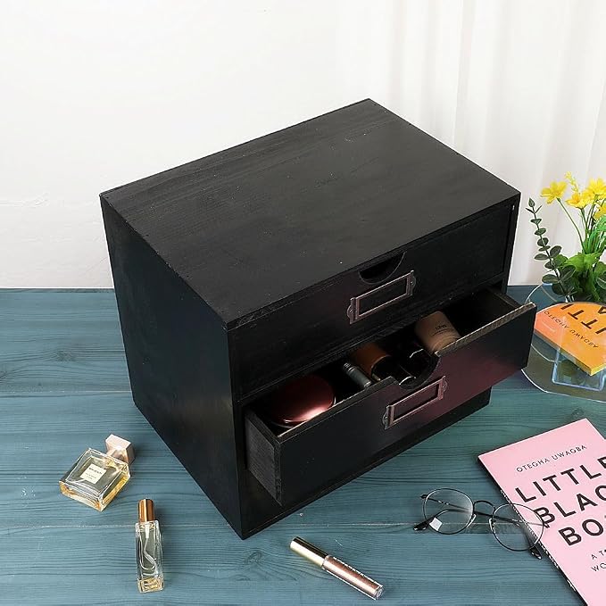 Large Wooden Drawers Wooden Box with Drawer Black | 3 Drawer Storage Box for Apothecary Cabinet, Apothecary Drawers，Desktop Organizer with Metal Handles for Office，Home