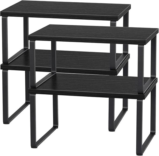 CADUKE Set of 4 Kitchen Counter Shelves Stackable Shelf Organizer Wood Countertop Shelves Expandable Cabinet Shelf Organizers Countertop Storage Rack for Pantry, Industrial Black