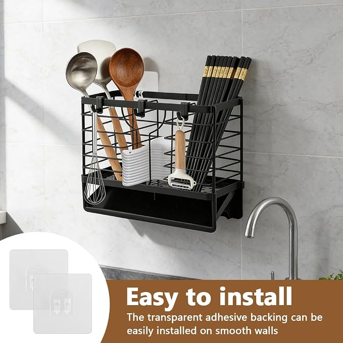 Stainless Steel Utensil Holder, Utensil Drying Rack with Drain Tray, 3 Compartments Kitchen Counter Drainer Basket Cutlery Organizer for Forks, Chopsticks, Spoons(Color:Black)