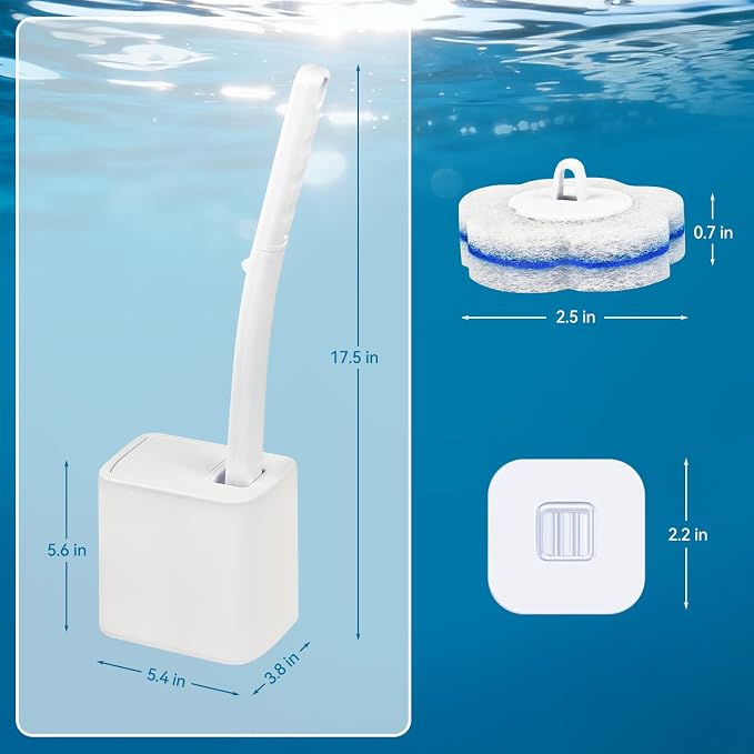 Disposable Toilet Brush System with 48 Refills, Wall-Mount Holder Set | Disposable sponge heads for cleaning the toilet. Drill-free wall mount saves space. Ergonomic handle for easy maintenance
