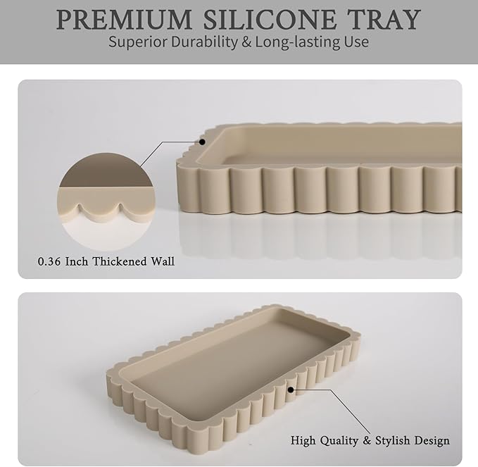 Small Silicone Bathroom Vanity Tray, Sink Caddy for Dish Soap Dispenser, Sponge Holder for Kitchen Sink, Rectangle Bathroom Countertop Organizer for Perfume, Jewelry, Candle (7.9” * 4”, Khaki)