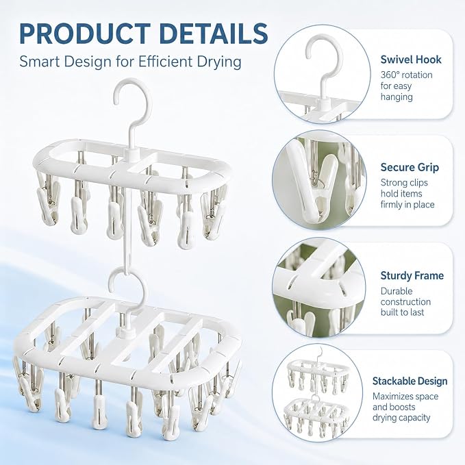 2PCS Clothes Hangers with 32 Clips Hooks, Plastic Sock Hanger, Stackable Laundry Drying Rack for Underwear, Clothes Airer with Swivel Hook, Portable Small Item Organizer for Bathroom Balcony Daily Use