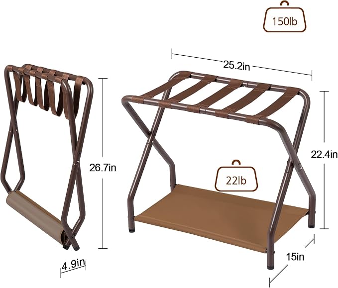 AMHANCIBLE Luggage Rack, Set of 2, Foldable Suitcase Stands for Guest Room | Metal Luggage Holder with Storage Shelf for Bedroom, Hotel, Easy Assemble, Bronz
