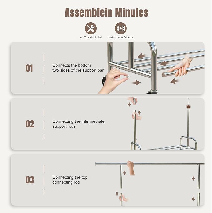 Clothing Garment Rack, 530LBS Capacity Rolling Clothes Rack on Wheels, Adjustable Clothing Hanging Rack, Heavy Duty Commercial