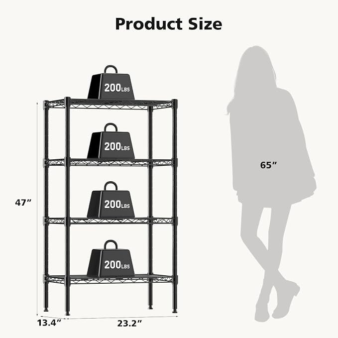 NEWBULIG 4-Tier Metal Wire Storage Shelves, Adjustable Heavy Duty Steel Shelving Unit, Freestanding Storage Rack Organizer for Kitchen, Pantry, Garage, Bathroom, 23.2" W x 13.4" D x 47.2" H, Black
