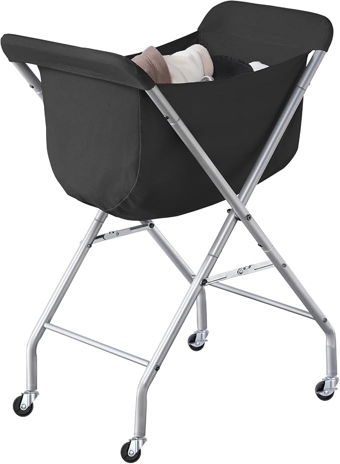 ELYKEN Laundry Basket with Wheels, Collapsible Laundry Hamper, Black | Removable Liner Bag, Foldable Design, Sturdy Metal Frame, 4 Casters, 32”H Laundry Cart for Bedroom, Bathroom & Laundry Room