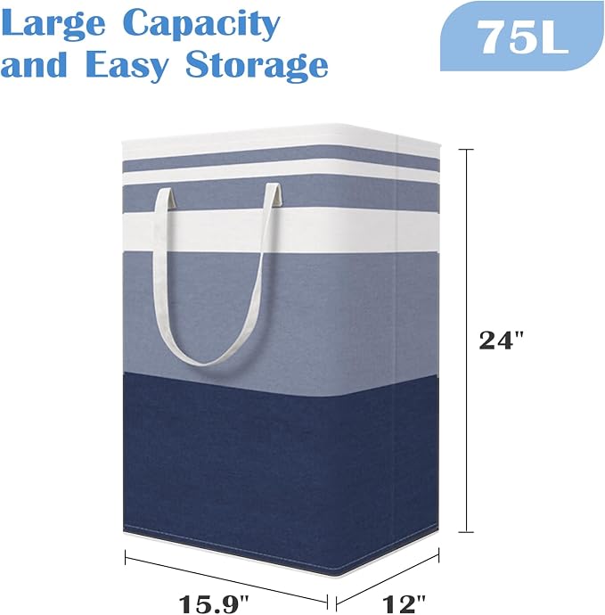 BlissTotes 3-Pack Laundry Basket, Collapsible Laundry Hamper, Blue, 75L | Laundry Clothes Hamper, Hampers for Bedroom, Freestanding Hamper with Handles, Clothes Laundry Basket