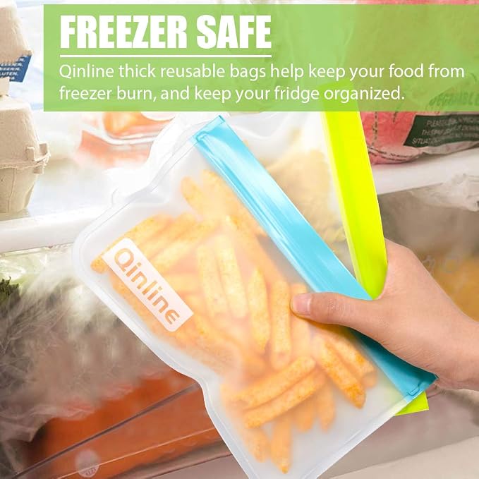 Qinline Reusable Food Storage Bags - 10 Pack Dishwasher Safe Freezer Bags, BPA Free Silicone, Leakproof for Marinate Salad Fruit Travel - 5 Sandwich 5 Snack