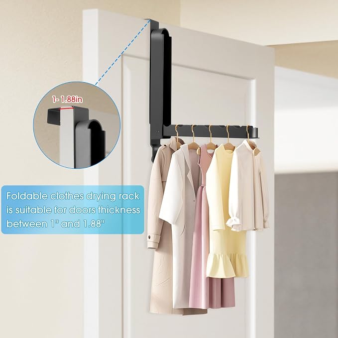 Over The Door Drying Rack, 2 Pack Grey Foldable Clothes Hanger Doors Hooks | Fits Doors Up To 1.88", Foldable Design, 6 Anti-Slip Slots with Extra Hanging Rod, Door Organizer Rack for Laundry Clothes