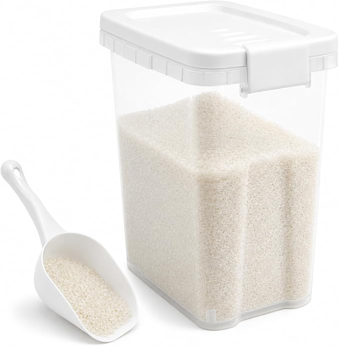 Tight-Lock Rice Container 10-15 Lbs - Airtight Flour Container with Scoop - Food-Grade Plastic Food Storage Container for Cereal, Sugar - Dry Food Dispenser for Kitchen, Pantry Organizers and Storage