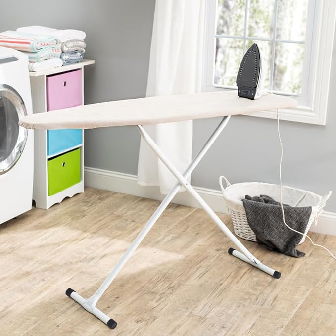 Full Size Ironing Board with Cover & Pad – USA-Made with Enhanced Grip Feet for Extra Stability – Adjustable Steel T-Legs 35" High – Perforated Top – Durable Iron Board for Home, Laundry Room, Beige
