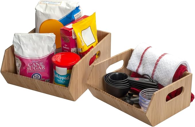 Mobilevision XL Versatile Bamboo Storage Bins for Pantry & Kitchen Cabinet Organizer Multi-Purpose / 2 Piece Stackable Set Larger Bins
