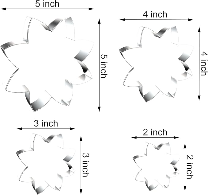 Sunflower Cookie Cutter Set - 5 inch, 4 inch, 3 inch, 2 inch - 4 Piece Mother’s Day Flowers Cookie Cutters Shapes Molds - Stainless Steel