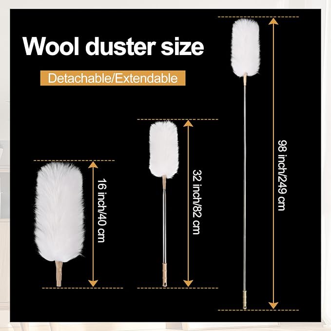 White Lambswool Extendable Duster, 32-98 Inch Bendable Wool Head with Anti-Static Properties and Stainless Steel Extension Pole for Ceiling Fans, High Walls, and Roof Dusting(one Pack)