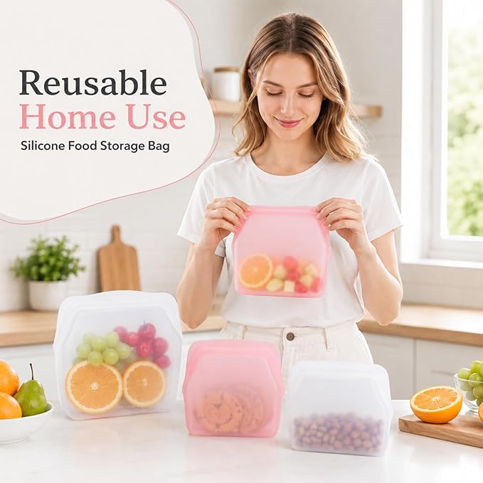 Everbag Silicone Storage, Everbag Food Storage Bags, Reusable Storage Bags, Leak-Proof Upright Freezer Bags (White+Pink)