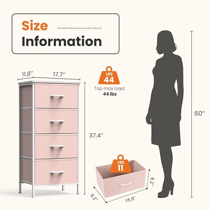 Sweetcrispy Dresser for Bedroom, 4 Drawer Storage Cabinet, Tall Nightstand | Small Fabric Dresser for Closet, Chest of Drawers, Closet Organizer, Home Furniture, Sturdy Frame, Pink