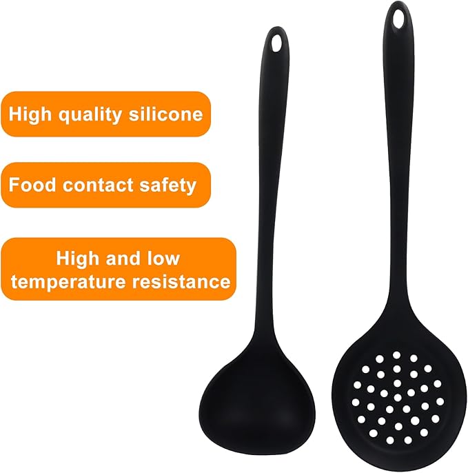 Jiozermi Silicone Soup Ladle and Slotted Spoon Set of 2, Heat Resistant Utensils for Cooking, Stirring, Serving, and Draining, Durable and Easy to Clean, Durable and Easy to Clean
