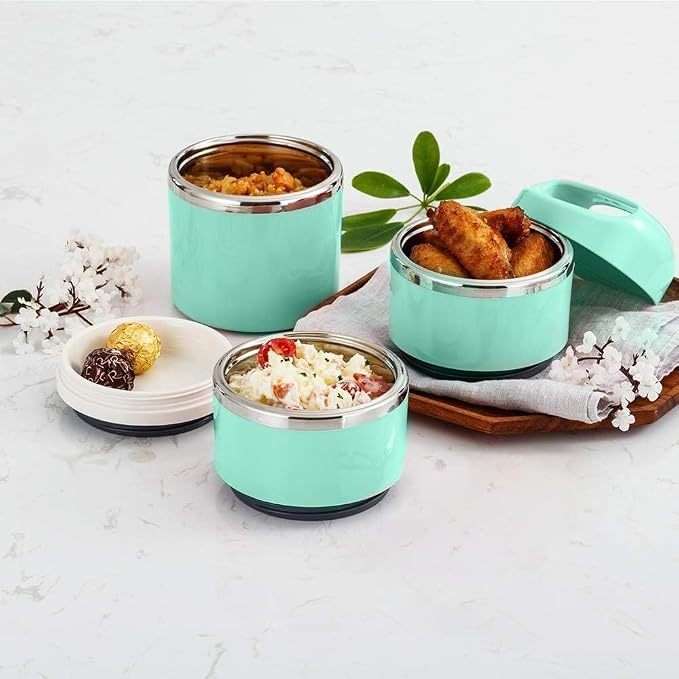 Lille Home Stackable Stainless Steel Thermal Compartment Lunch/Snack Box, 3-Tier Insulated Bento/Food Container with Lunch Bag, Utensils Set and Three Extra Seals, 43OZ (Green with Utensils)