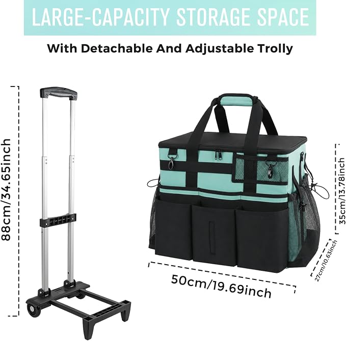 SCAVATA Rolling Cleaning Caddy Bag with Detachable Trolley, Large Cleaning Supplies Organizer with Wheels, Multi-Pocket Cleaning Cart with Adjustable Shoulder Strap for Housekeepers (CyanBlue)