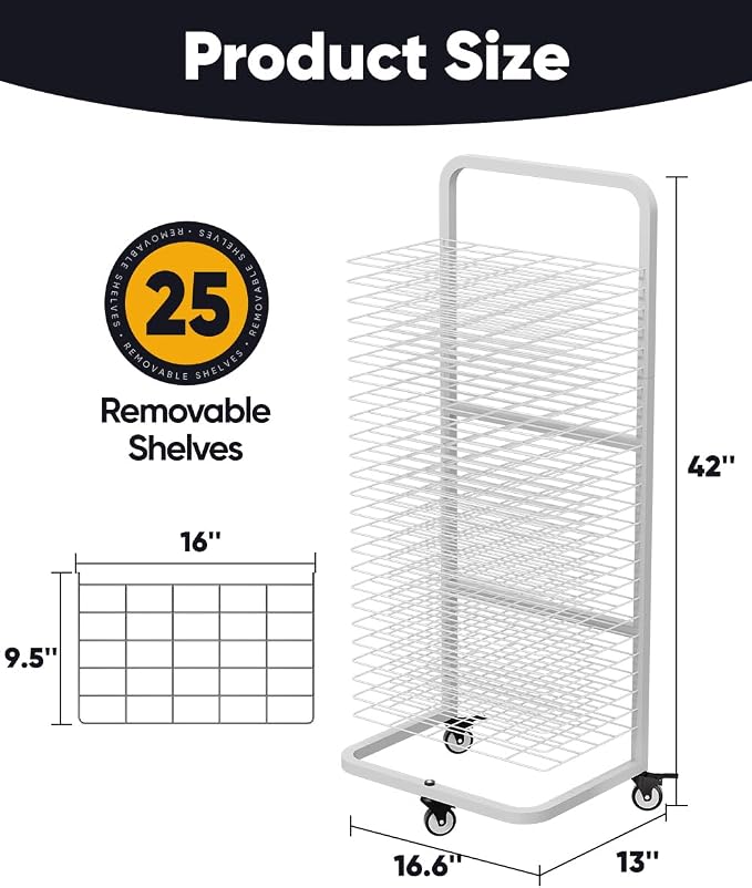 mocomax Art Drying Rack for Painting, Metal Paint Drying Stand, Movable Paint Drying Rack with Lockable Wheels, Art Canvas Storage Rack for Classrooms & Art Studios, 25 Removable Shelves, White