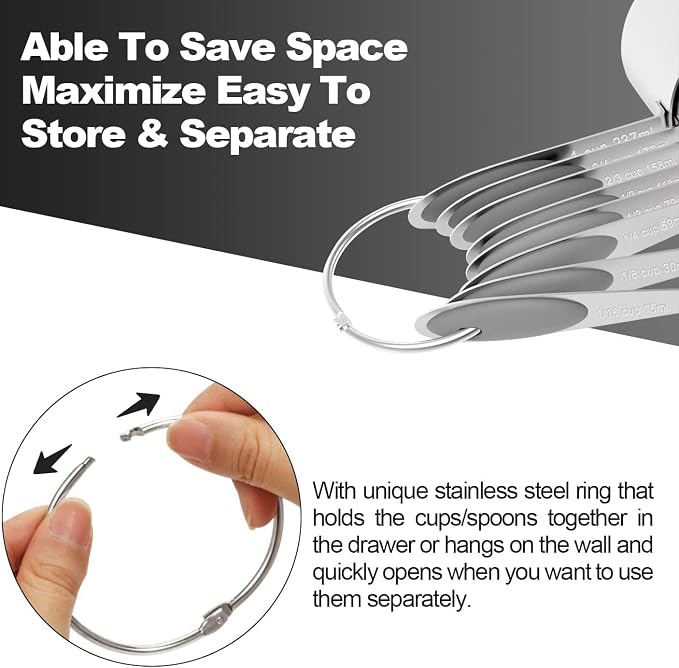 Wildone Stainless Measuring Cups and Spoons Set with Silicone Handle, 16pcs | 8 Measuring Cups and 8 Measuring Spoons, Nesting Design, Heavy Duty for Measuring Dry/Liquid Ingredients, Gray