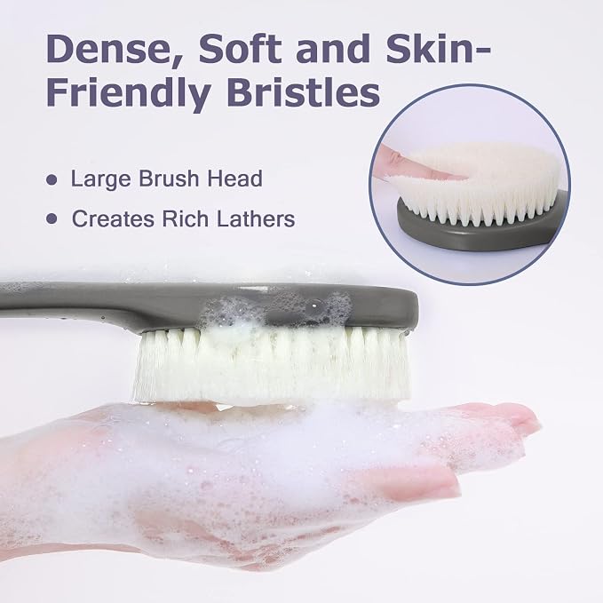 VANZAVANZU Exfoliating Shower Brush Back Scrubbers for Use in Shower, Plastic Bath Brush Long Handle for Shower with Moderate Bristles, Dry or Wet Back Brush for Shower Men Women-Grey