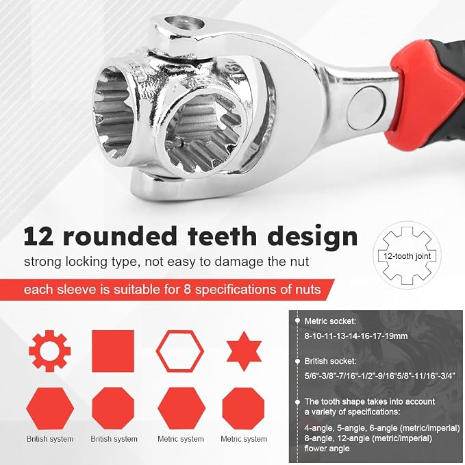 52 in 1 Universal Socket Wrench with Gloves, 360° Rotating Spanner | Carbon Steel Universal Wrench Fits 8-19mm and 5/16"-3/4" Nuts for Home, Bike and Auto Repair