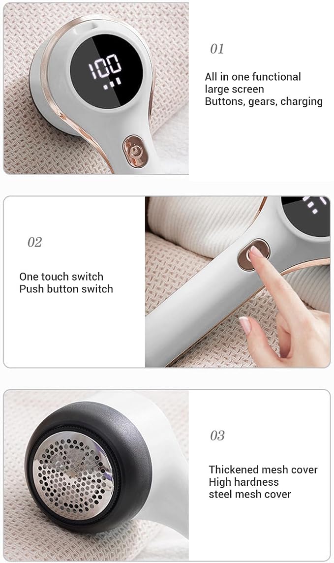 Fabric Shaver, Lint Remover Rechargeable Portable Electric Sweater Defuzzer Multifunctional Digital Display Fuzz Remover Electric Lint Shaver for Clothes Furniture (White)