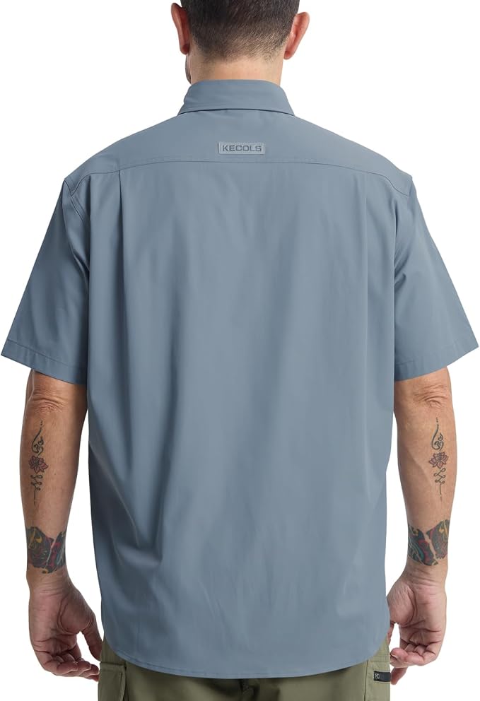 Mens Regular Fit Work Utility Shirt Midweight Short Sleeve Work Wear | Midweight stretch work shirt with reflective trim, 2 secure chest pockets, moisture-wicking comfort, easy-care fabric