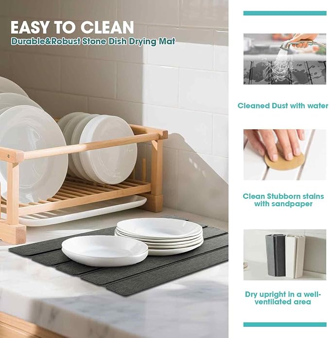 Dish Drying Mat Stone Bath Mat Diatomaceous Earth Stone Drying Mat For Kitchen Counter Sink Bath Mat Quick Dry Non Slip Foldable Dish Drying Rack Mat Small(16"×12" Dark Grey)
