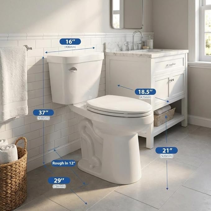Two Piece Elongated Toilet, ADA 21" Comfort Height with Side Press Flush, 12" Rough-In, Powerful Flushing System & Under-Locking Lid, White