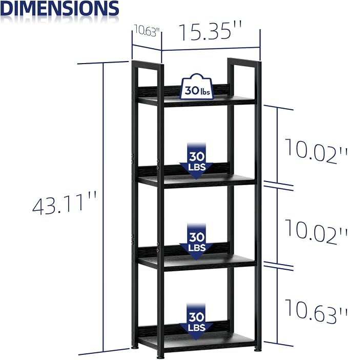 NUMENN Narrow Bookshelf, 4 Tier Freestanding Shelving Unit, Black | Small Book Shelf for Small Spaces, Metal Frame & Wood Shelves, Falling Prevention Baffle, Bookcase for Bedroom&Home Office