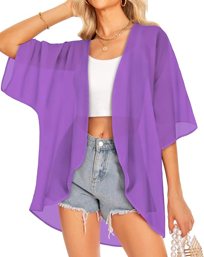 Women Kimono Cardigans Summer Cover Up Hawaiian Shirts Floral Print Tops | ROSEMIA chiffon kimono open front cardigans, beach cover ups, daily casual tops, cruise outfits, summer resort wear