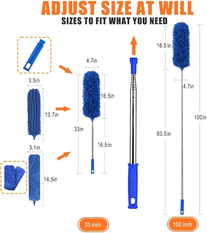 Bendable Microfiber Duster, Dusters for Cleaning Extendable(6PCS) | 100 Inch Telescopic Pole, Washable & Reusable, Stainless Steel Extension Pole, for High Ceiling, Fan, Blinds & Furniture